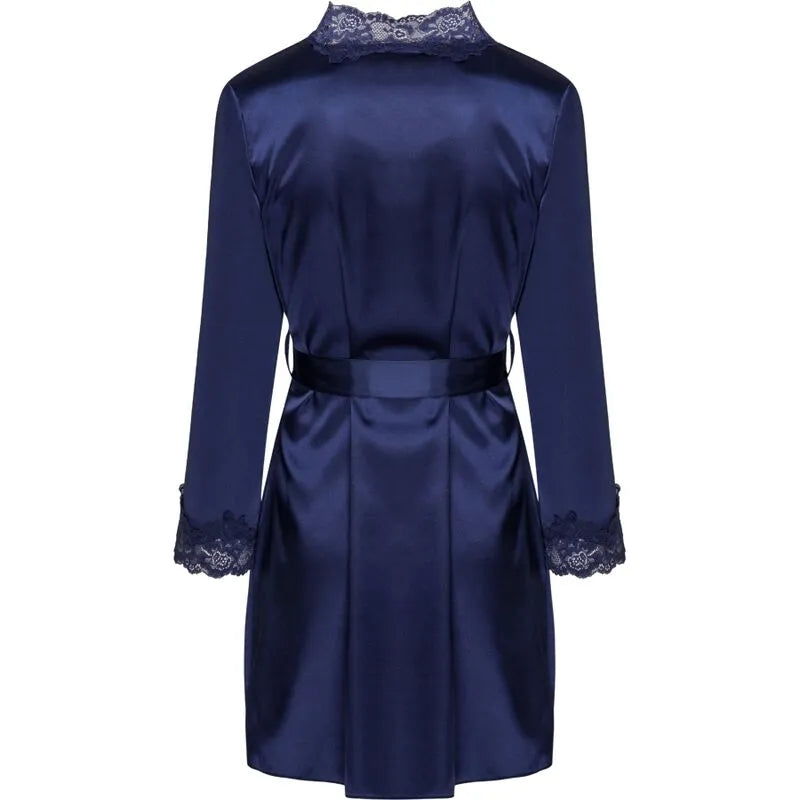 Ensemble lingerie satin bleu marine avec dentelle, peignoir mi-cuisse, tee-shirt bretelles réglables, string assorti.