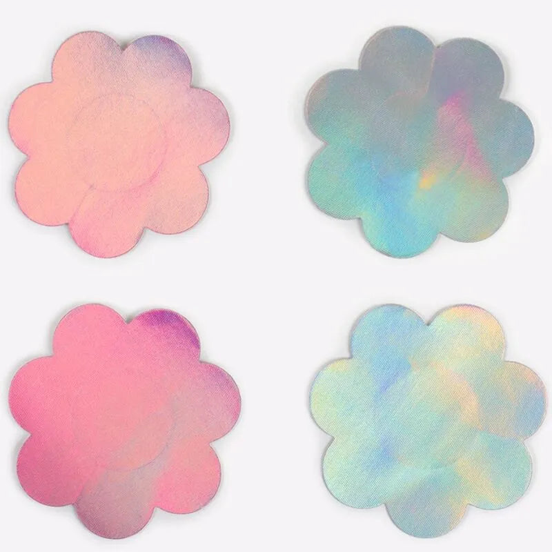 Cache-tétons fleurs holographiques argentés roses, adhésifs réutilisables, légers, glamour pour festival ou soirée.