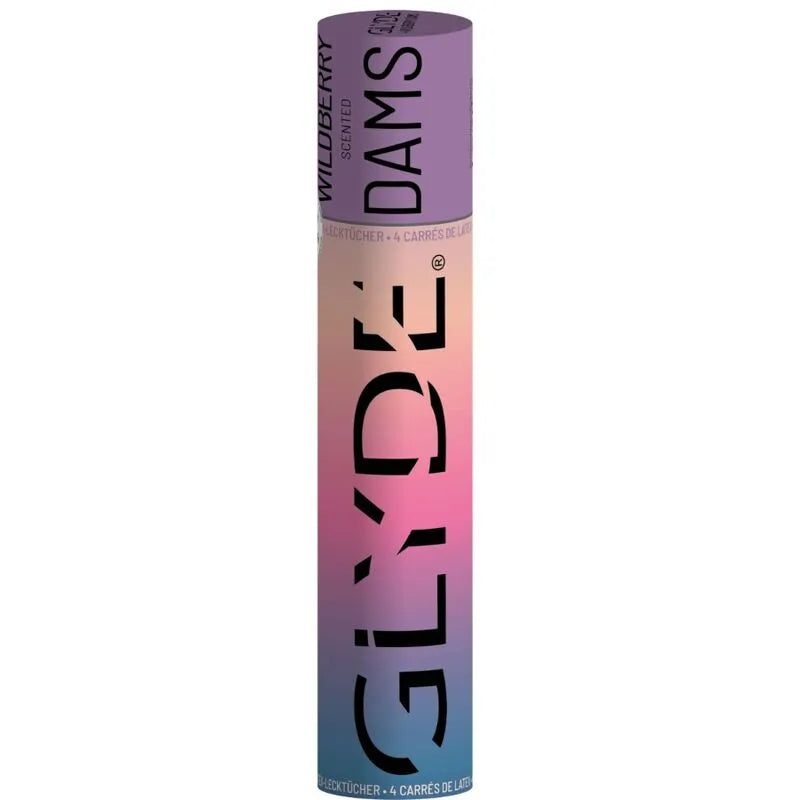 Digue dentaire Sheer Glyde Dams en latex, emballage cylindrique coloré, protection pour sexe oral sécurisée.