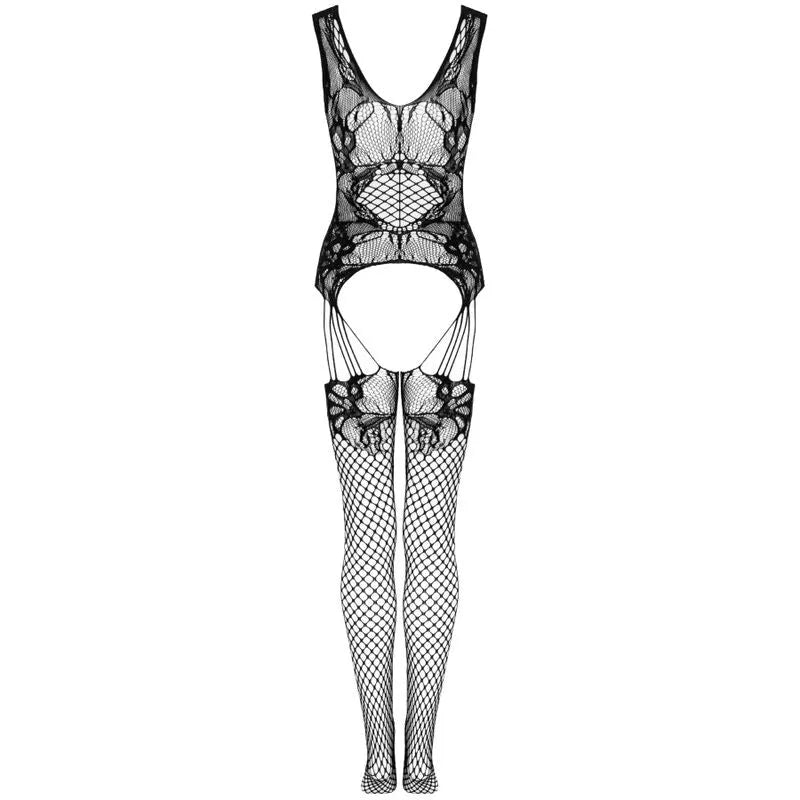 Bodystocking noir en maille délicate, motifs floraux raffinés, taille unique, élégance et sensualité pour silhouette affinée.
