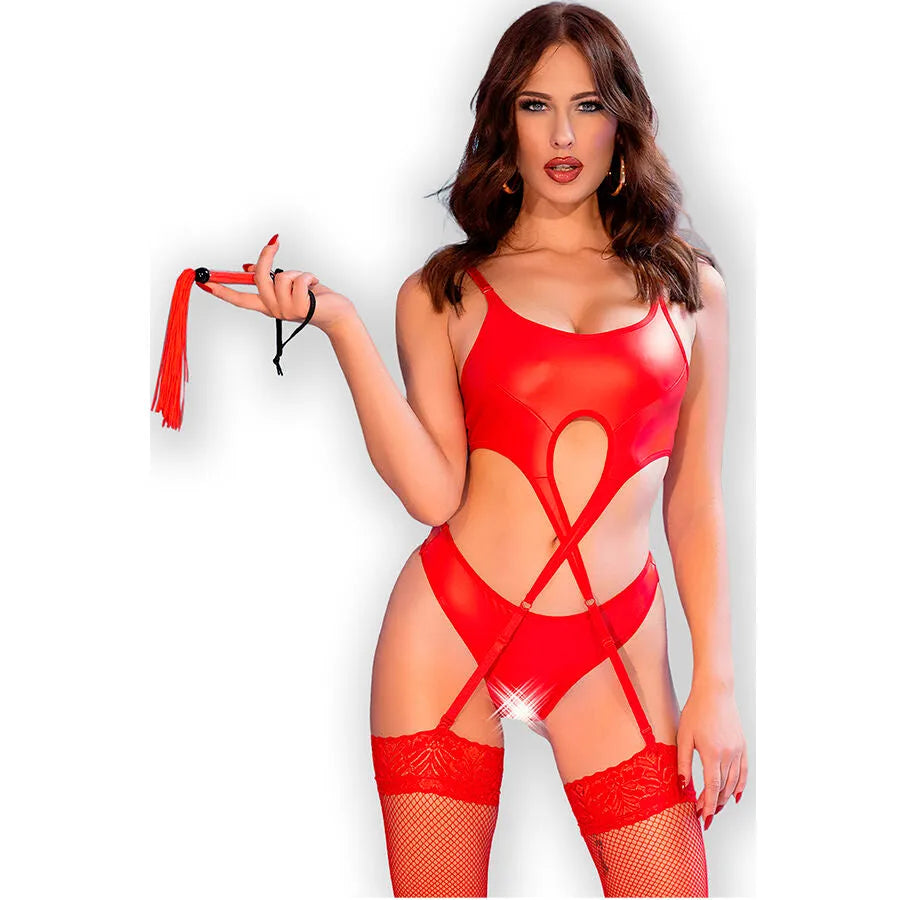 Ensemble lingerie éco-cuir noir rouge porte-jarretelles ajustables style chic
