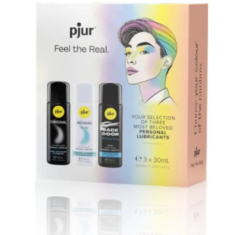 pjur coffret fierté communautaire lubrifiants silicone aqueux sensations variées massages prolongés format compact nomade trois flacons trente millilitres soutien inclus