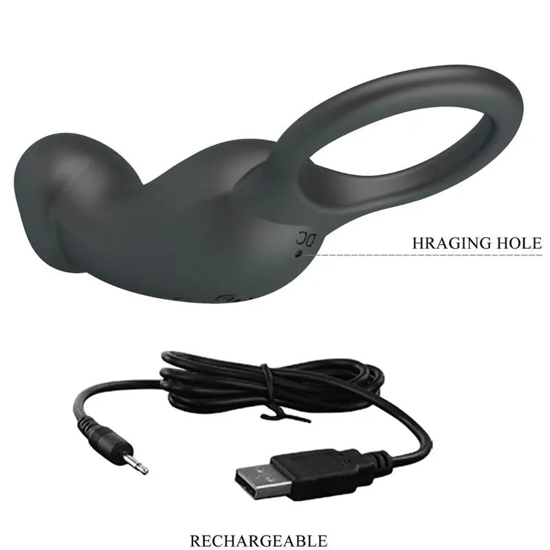 Anneau pénien plug anal vibrant noir, silicone ergonomique, télécommande, rechargeable, étanche, 12 modes.