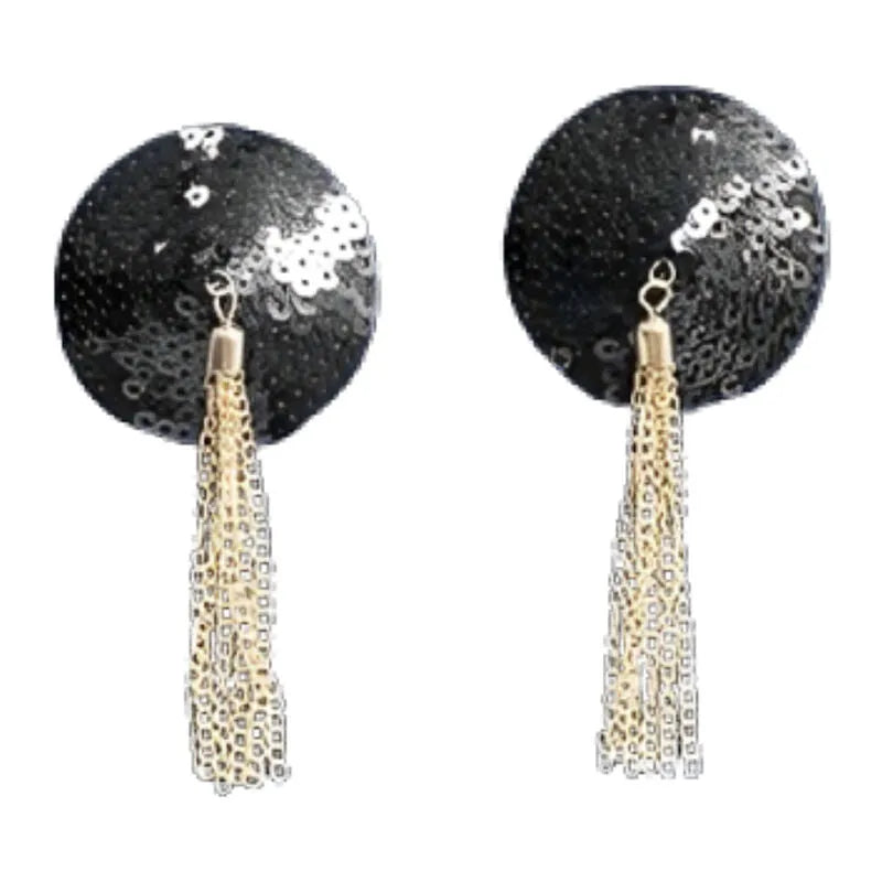 Cache-tétons noir à paillettes avec chaîne dorée, réutilisable, élégant et sophistiqué pour occasions sensuelles.