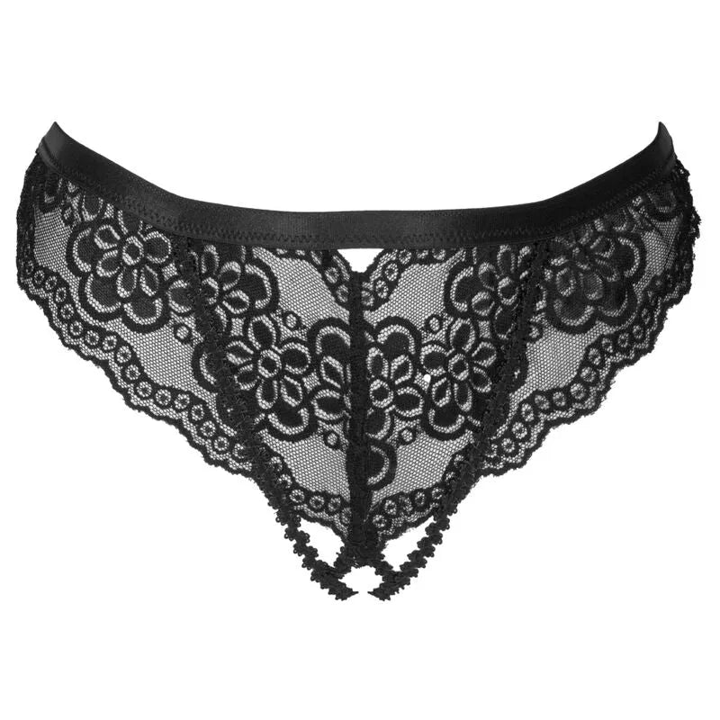 Culotte dentelle noire ouverte, cristaux en forme de cœur, design élégant et audacieux, confort et sensualité assurés.