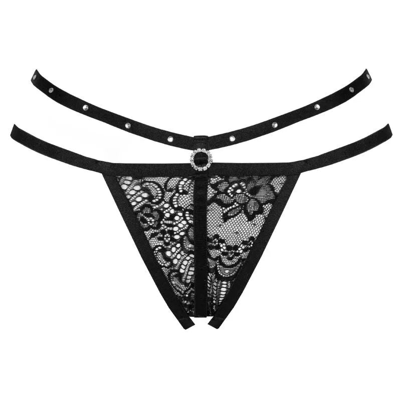 Livco Corsetti string Nomade dentelle noire rubans décoratifs sensuelle élégante raffinée luxueuse légère confortable ajustable taille unique séduction
