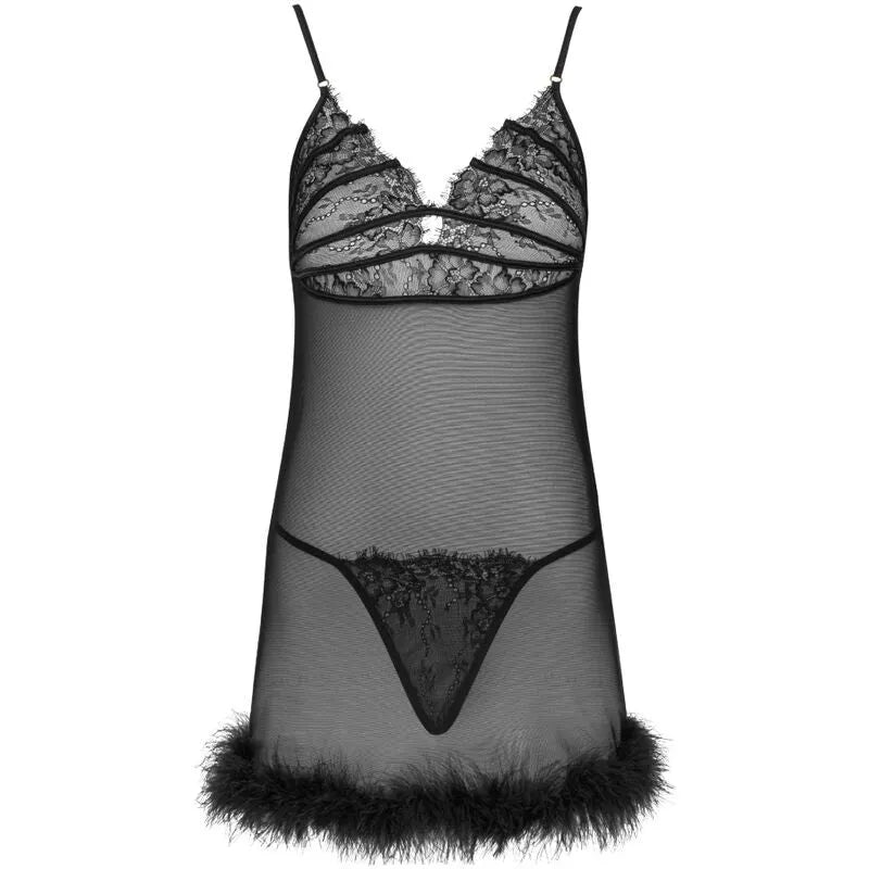 Ensemble lingerie noire dentelle semi-transparente, bretelles fines, string assorti, élégance et confort pour femmes.
