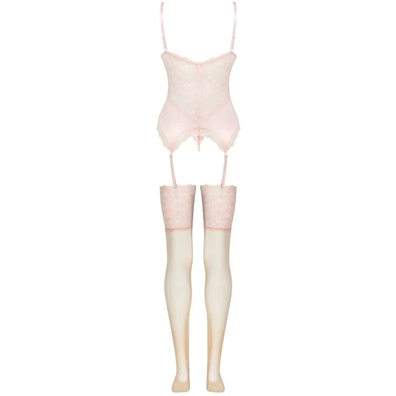 Ensemble lingerie trois pièces rose pâle en dentelle avec corset ajustable et bas, élégant et raffiné pour femme.