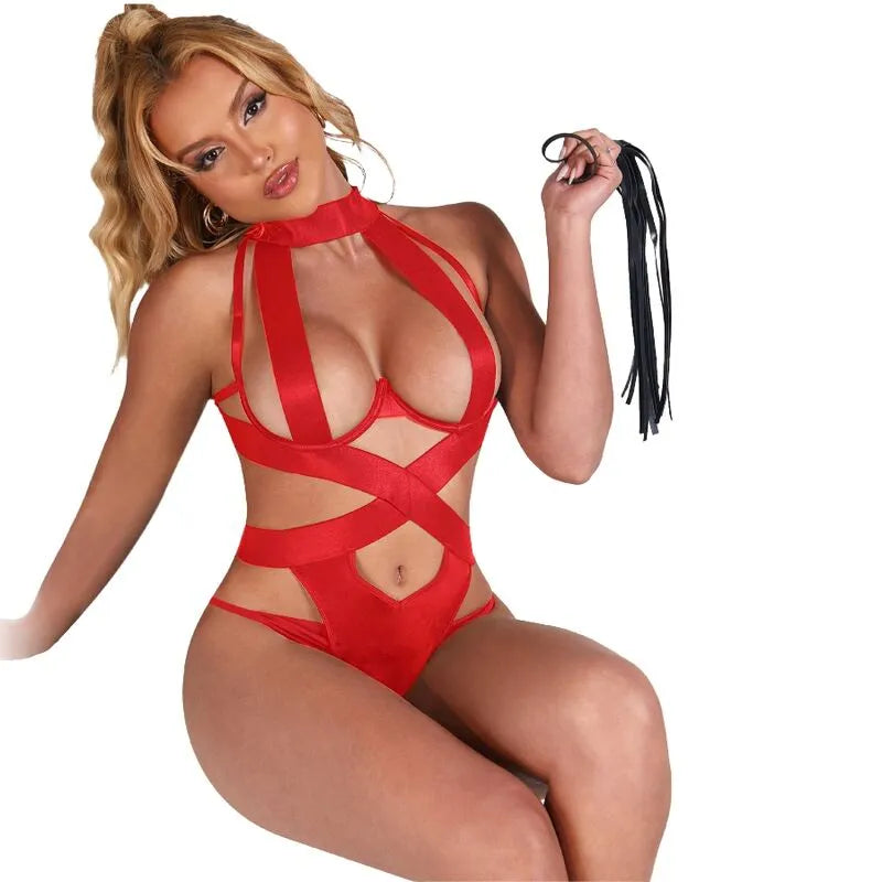 Body licol rouge sexy en polyester, harnais entrelacé, dos nu, élégant et sensuel pour soirée femme.