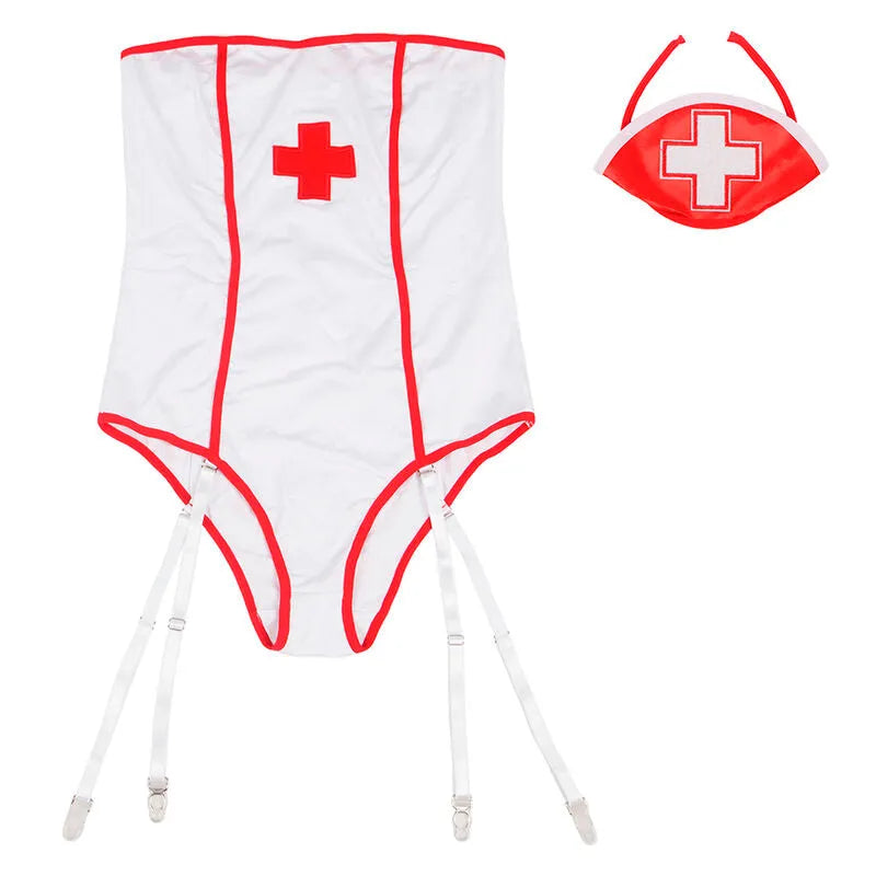 Robe d'infirmière sexy blanche et rouge épaules dénudées, ajustée, avec croix rouge, en polyester élasthanne.