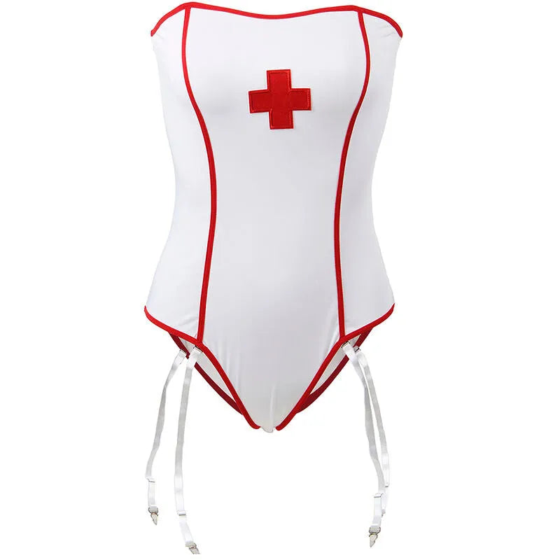 Costume infirmière sexy blanc, épaules dénudées, croix rouge, polyester élasthanne, ajusté et séduisant.