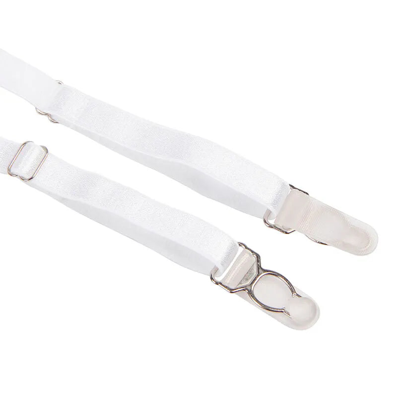 Bretelles blanches ajustables en polyester élasthanne avec attaches métalliques, partie du costume infirmière sexy Subblime.