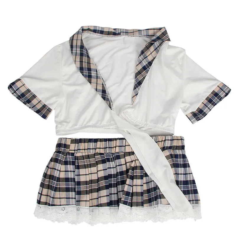 Costume cosplay sexy uniforme, haut court blanc, jupe à carreaux, Subblime, polyester élasthanne, séduisant et élégant.