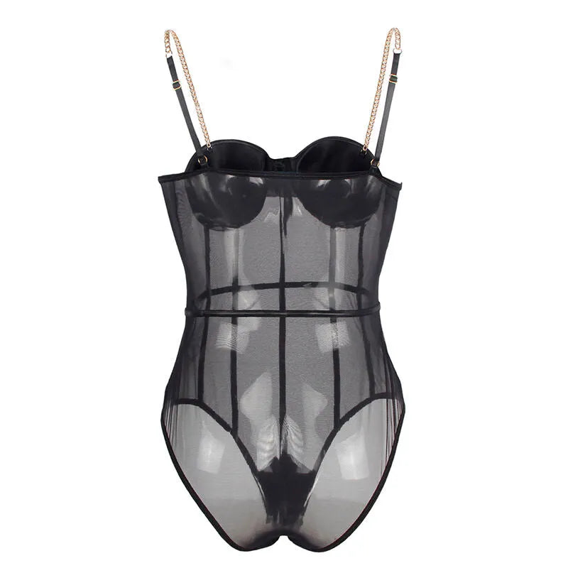 Body noir élégant avec sangles métal, panneaux transparents, armatures intégrées, design moulant et sophistiqué.