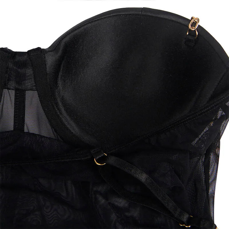 Body noir élégant avec armatures, sangles métal, panneaux transparents, design moulant et sophistiqué, confort optimal.
