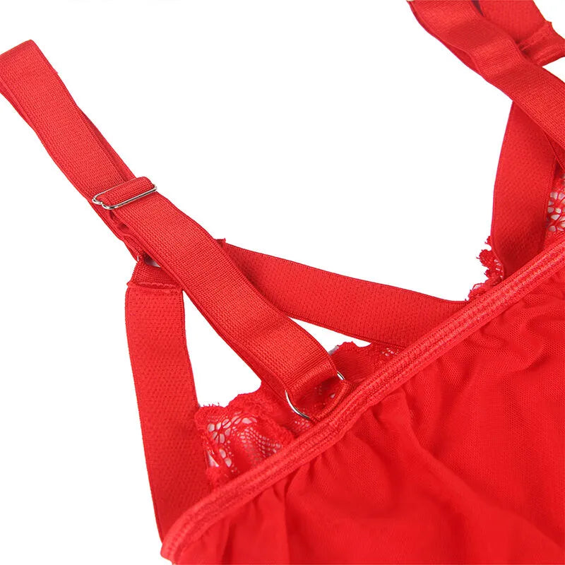 Teddy Sexy Slim Dentelle Jarretelle Anneau Jambe Rouge Subblime
