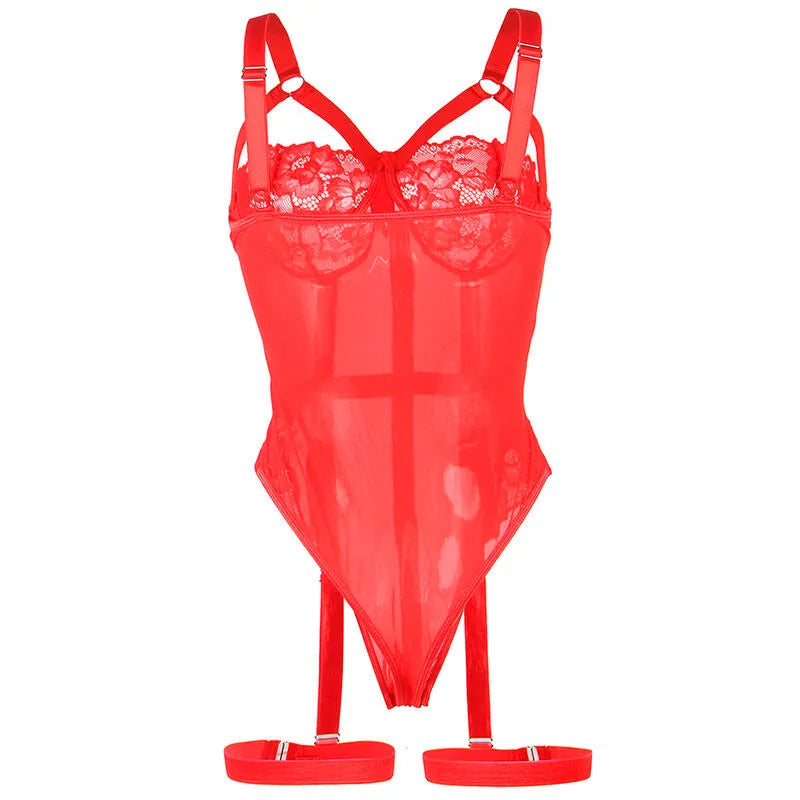 Teddy Sexy Slim Dentelle Jarretelle Anneau Jambe Rouge Subblime