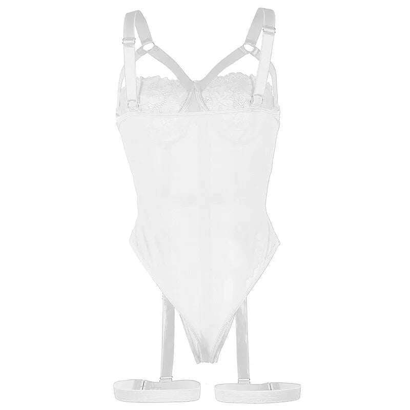 Body dentelle blanche avec jarretières intégrées, coupe ajustée, design élégant et sensuel pour silhouette féminine.