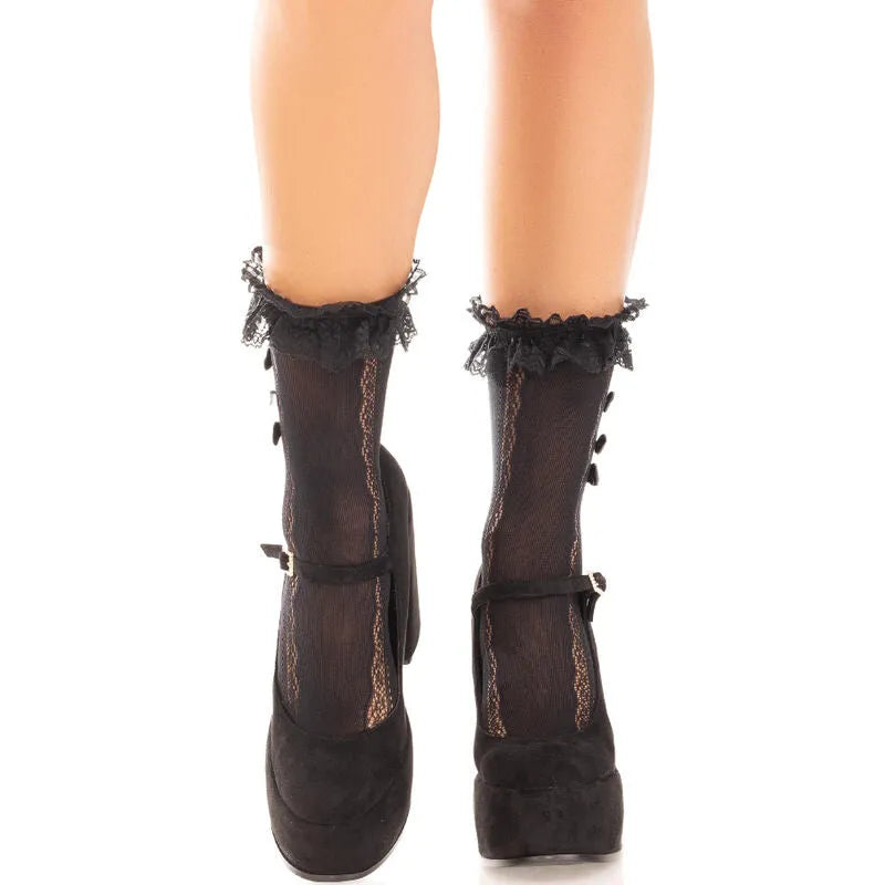 chaussettes classiques femme volants dentelle nœuds cœurs nylon noir blanc extensible confortable élégantes féminines romantiques sophistiquées chics taille unique