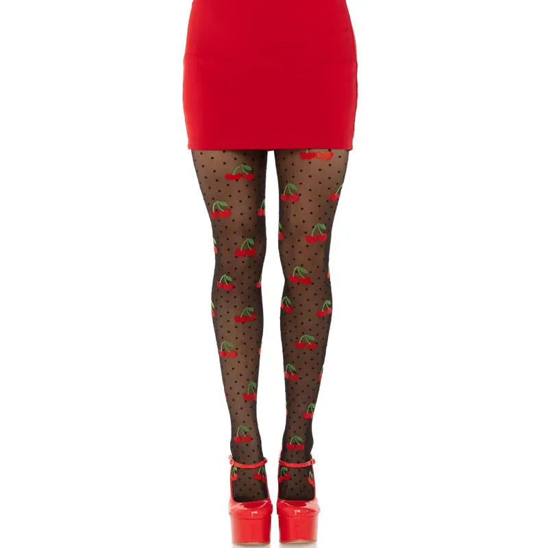 collants transparents noirs pois cerises rétro rockabilly extensibles confortables doux nylon élasthanne taille unique ceinture élastique bout renforcé