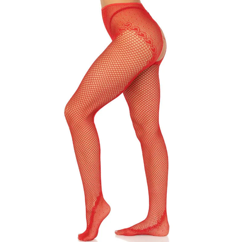 Bas résille rouges sans entrejambe, couture cœur, cordons synthétiques, lingerie sexy, élasthanne ultra doux.