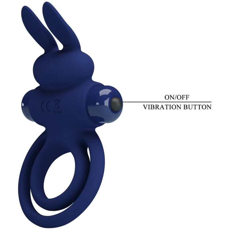 Anneau pénien vibrant bleu en silicone, forme lapin, double anneau, stimulation clitoridienne, 10 modes de vibration.