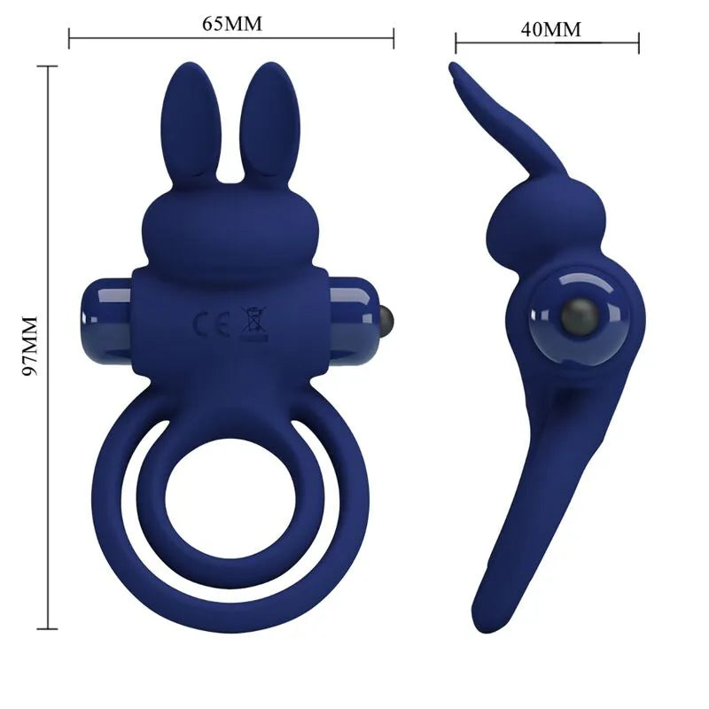 Anneau pénien vibrant bleu en silicone, forme lapin, double stimulation, 10 vibrations, dimensions visibles, hypoallergéni...
