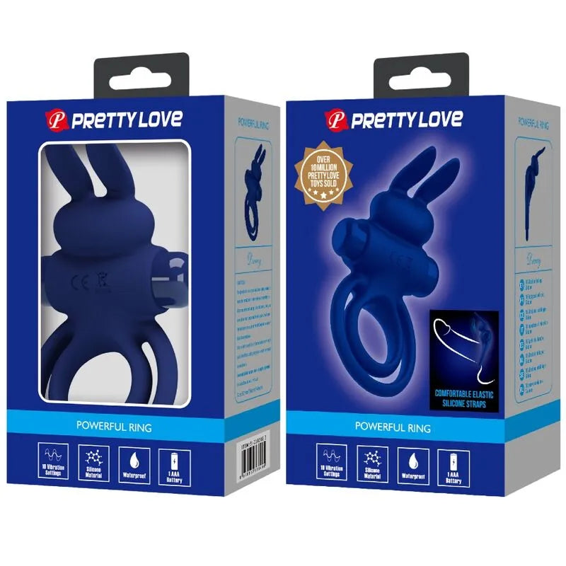 Anneau pénien vibrant bleu silicone, double lapin, 10 vibrations, stimulation clitoridienne, boîte produit.