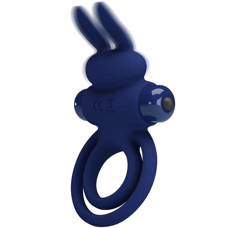 Anneau pénien vibrant bleu silicone, forme lapin, double stimulation, 10 vibrations, hypoallergénique, couple.