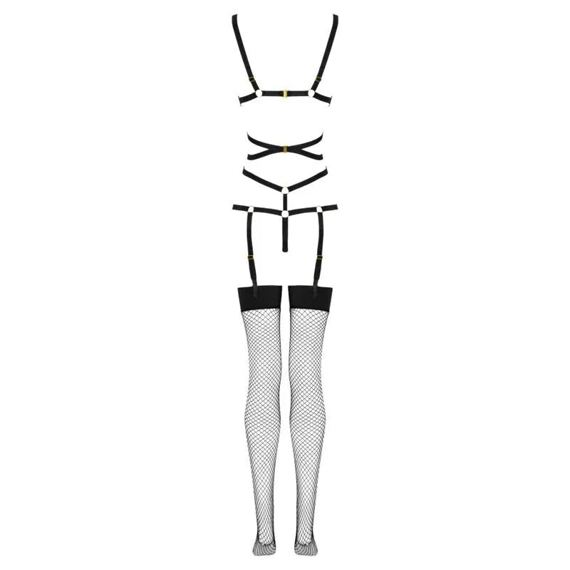 Ensemble lingerie noir rayé, dentelle fine et maille, bretelles réglables, anneaux dorés, style élégant et mystérieux.