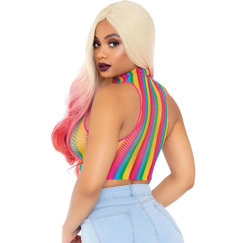 haut court col roulé filet multicolore extensible respirant doux élastique nylon élasthanne taille unique festivals soirées audacieuse vibrant accrocheur