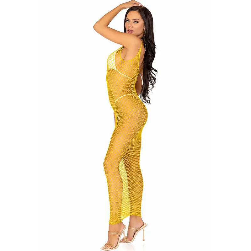 Robe longue maille dos nu fuchsia jaune élasticité estivale élégance bohème