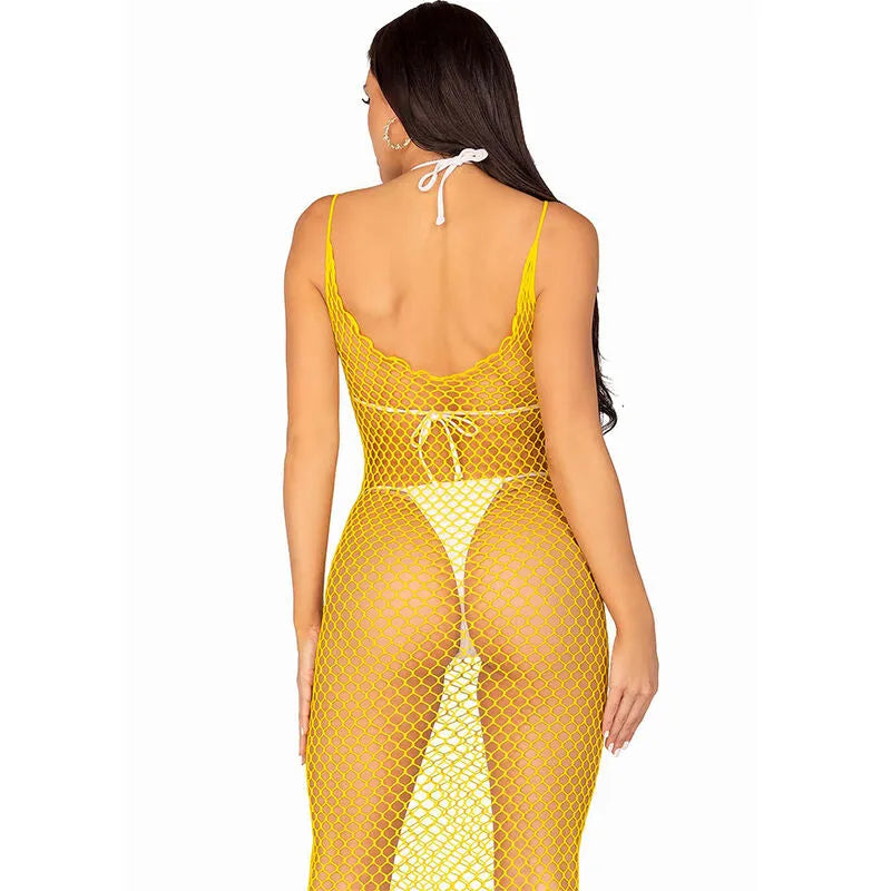 Robe longue maille dos nu fuchsia jaune élasticité estivale élégance bohème