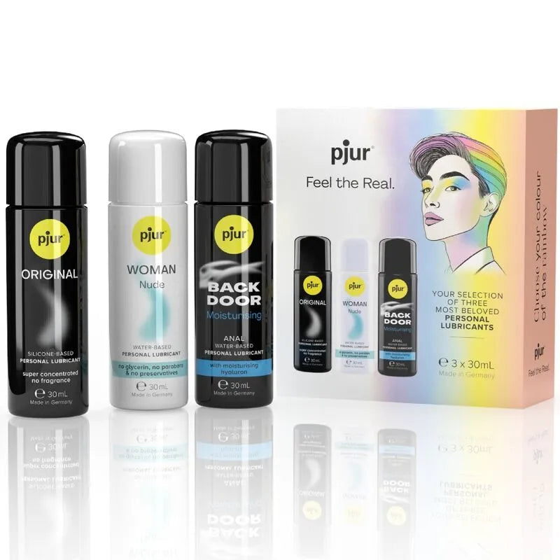 pjur coffret fierté communautaire lubrifiants silicone aqueux sensations variées massages prolongés format compact nomade trois flacons trente millilitres soutien inclus