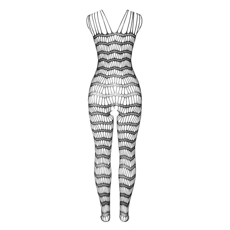 Bodystocking résille noir ouvert entrejambe, bretelles épaules, élégant et sensuel, nylon élasthanne, taille unique.