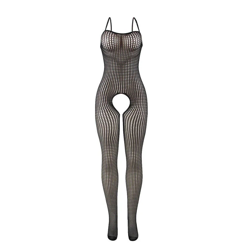 Combinaison résille noire sans entrejambe, grande taille, moulante, transparente, bretelles fines, séduction élégante.