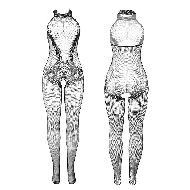 Bodystocking résille dentelle noire, col montant, sans entrejambe, élégant et audacieux, pour occasions spéciales.