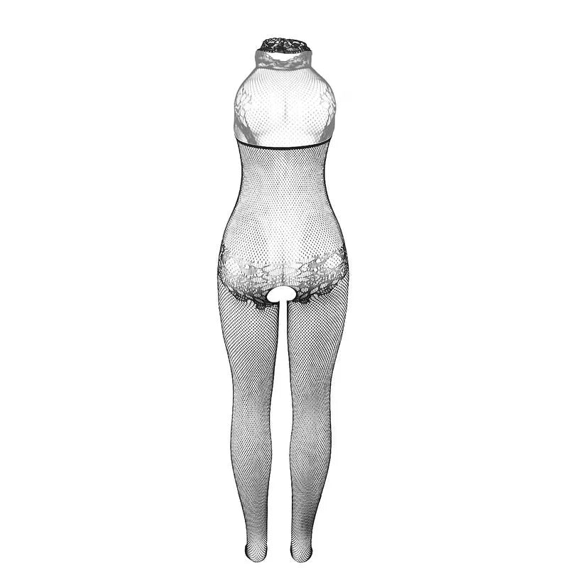 Bodystocking noir résille dentelle col montant sans entrejambe, élégant et audacieux, taille unique pour occasions spéciales.