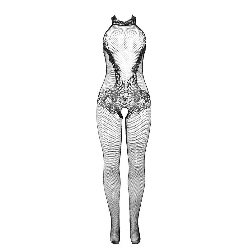 Bodystocking noir résille dentelle, col montant, sans entrejambe, élégant et audacieux, taille unique, séduction féminine.