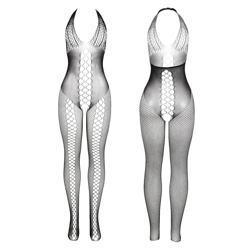 Bodystocking noir dos croisé ouvert, design sculptant en nylon élasthanne, élégant et séduisant pour occasions spéciales.