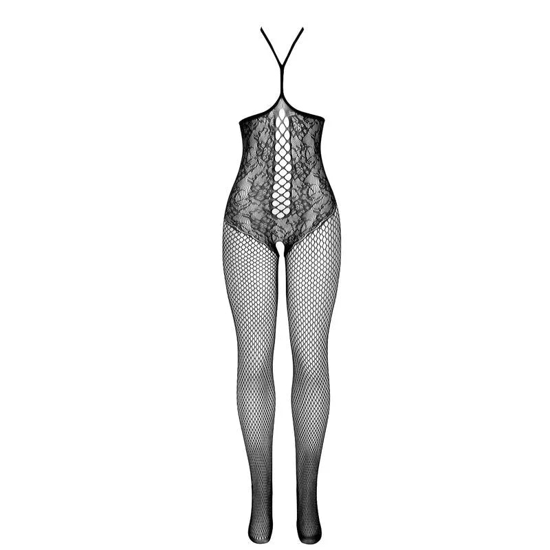 Body résille noir sexy, poitrine ouverte, col licou, design élégant pour occasions intimes, allure séduisante.