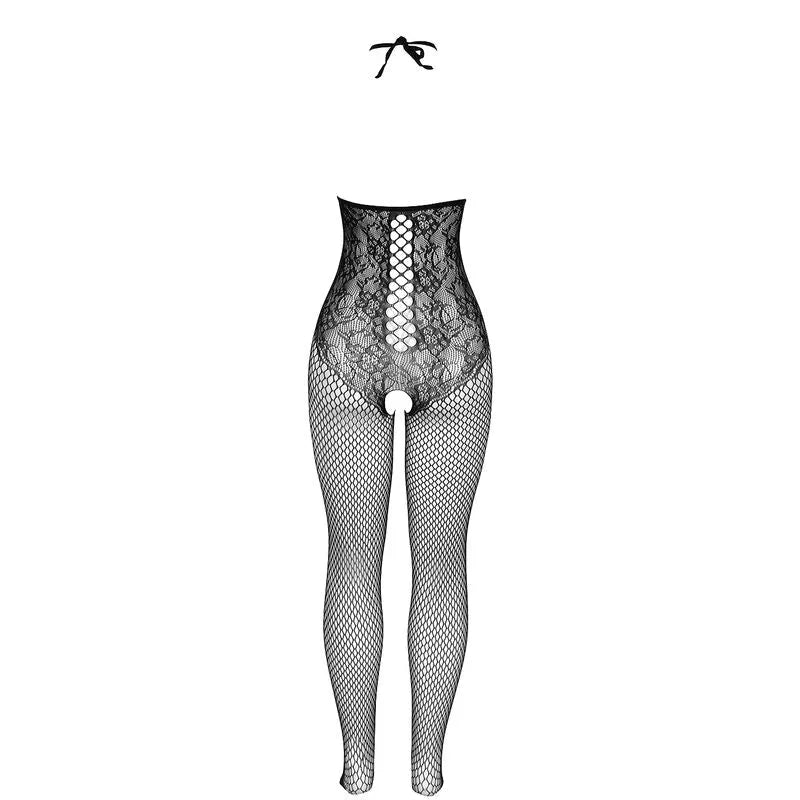 Body résille noir poitrine ouverte, col licou, design audacieux et élégant pour occasions intimes.