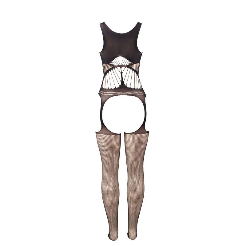 Body résille noir sans entrejambe, design ajouré, élastique, nylon, élasthanne, épaules nues, style sensuel et provocant.