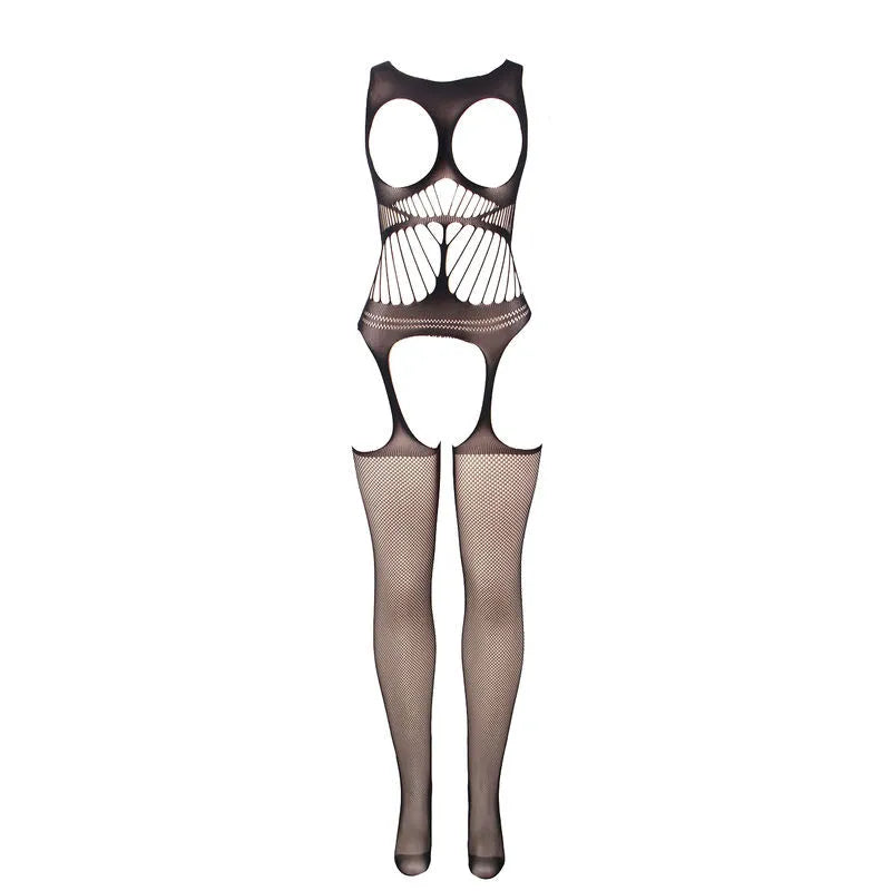 Body résille noir sans entrejambe, ajouré, élastique, style audacieux, épaules et poitrine nues, glamour et sensuel.