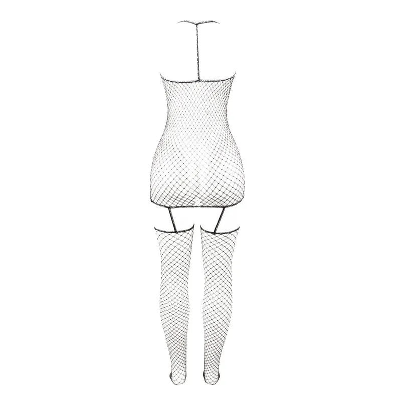 Body résille brillant noir, moulant, transparent, avec motifs filet, design audacieux et élégant pour soirées spéciales.
