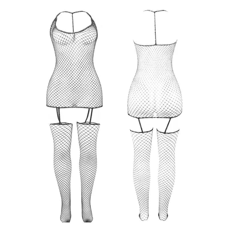 Body résille brillant noir, design audacieux et moulant, finition transparente, idéal pour soirées glamour et séduction.