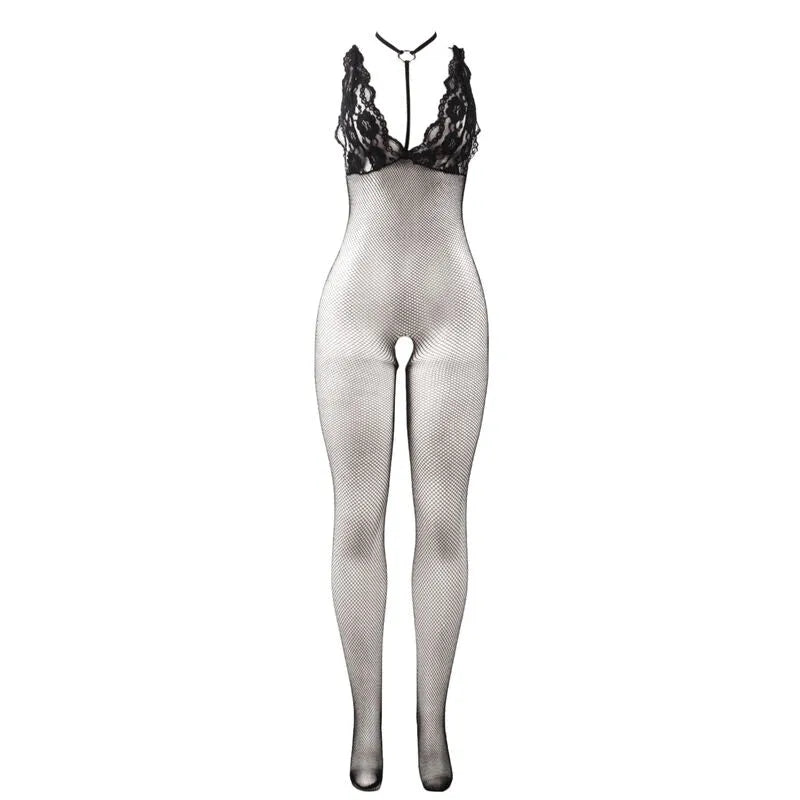 Combinaison résille noire transparente, ajustée, entrejambe ouvert, design élégant et sensuel, lingerie femme séduisante.