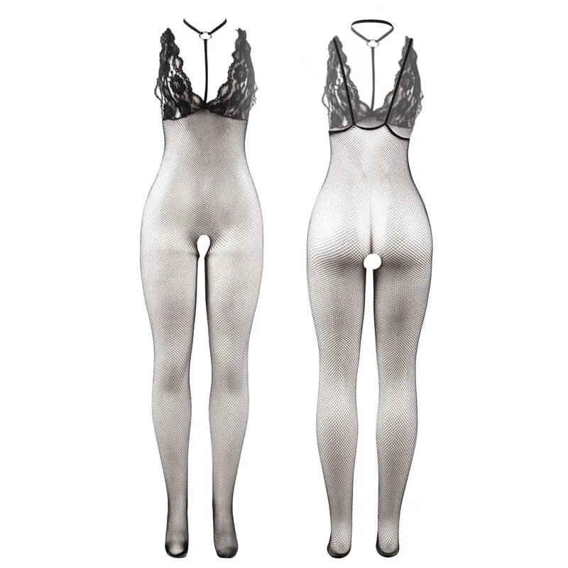 Combinaison résille noire transparente, ajustée, entrejambe ouvert, design élégant et sensuel, lingerie féminine glamour.