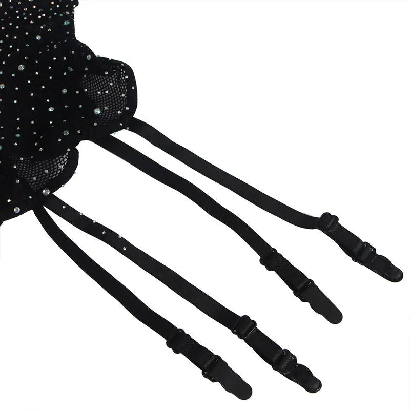 Body résille noir motif losange avec gants assortis, élégant et sensuel, en nylon élasthanne, taille unique.