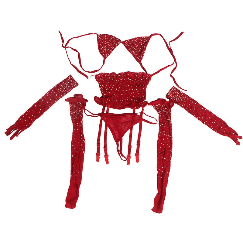 justaucorps résille rouge profond gants assortis sexy séduisant féminin provocant élégant confortable extensible nylon élasthanne losanges